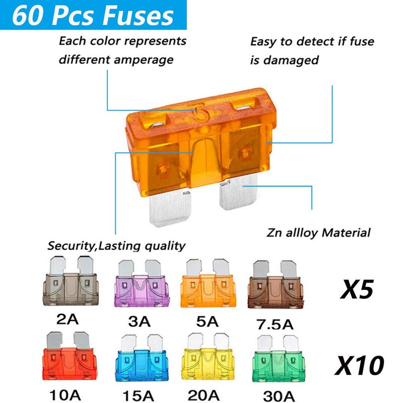 Elefama 14 Gauge Inline Fuse Holder 12V-DC ATC/ATO 12Pcs Blade Fuse Holders kit with 60 Pcs Standard Car Fuses 14 AWG Wiring Harness Waterproof Pigtail for Fuses 2A 3A 5A 7.5 A 10A 15A 20A 30A - Image 5